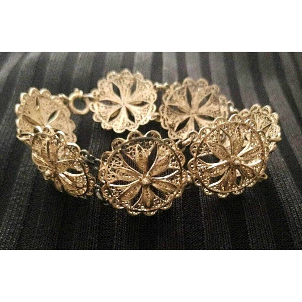 Vintage Floral Filigree Silver Color Link Bracelet 7 1/4" - Picture 2 of 4